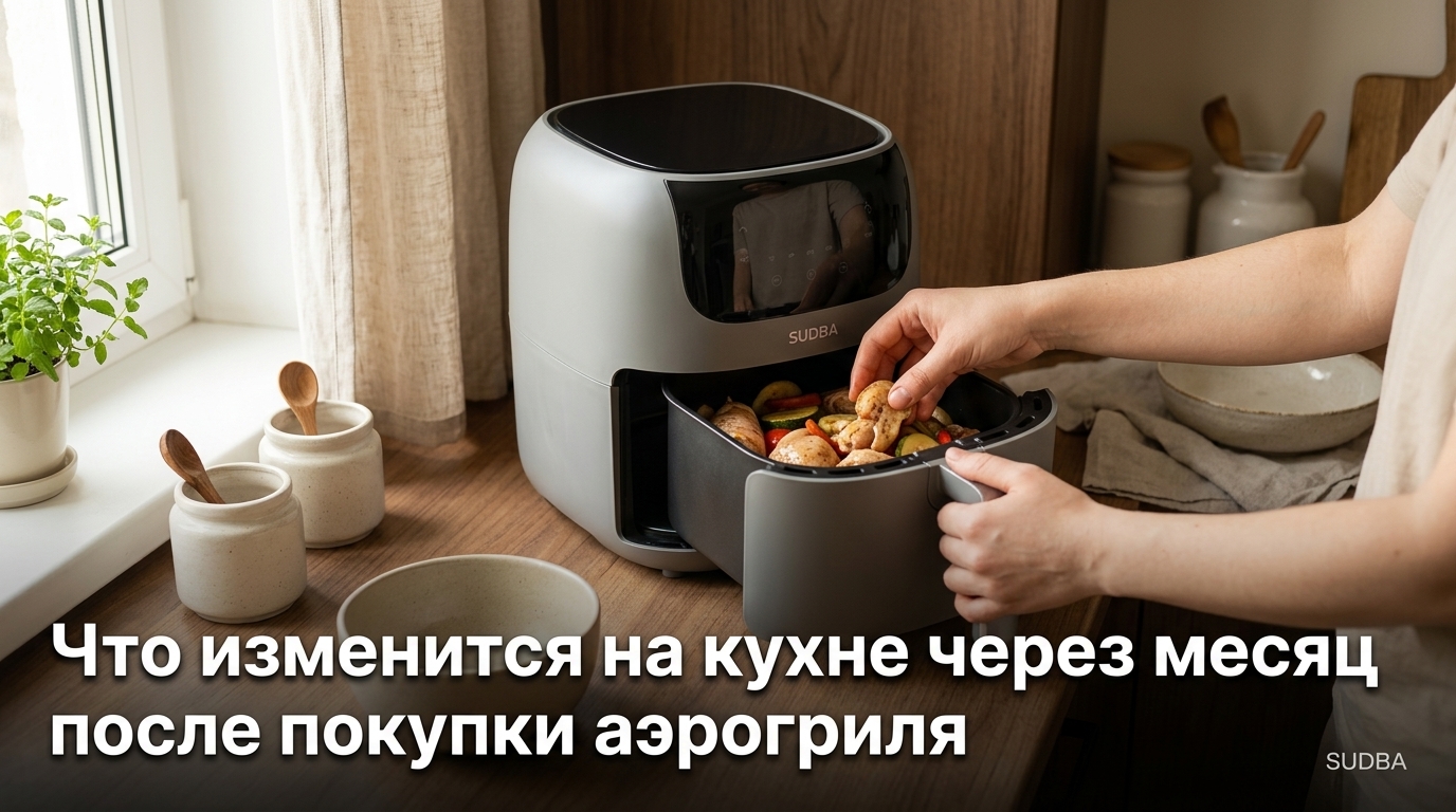 Кухня через месяц после покупки аэрогриля с готовыми блюдами и компактной техникой