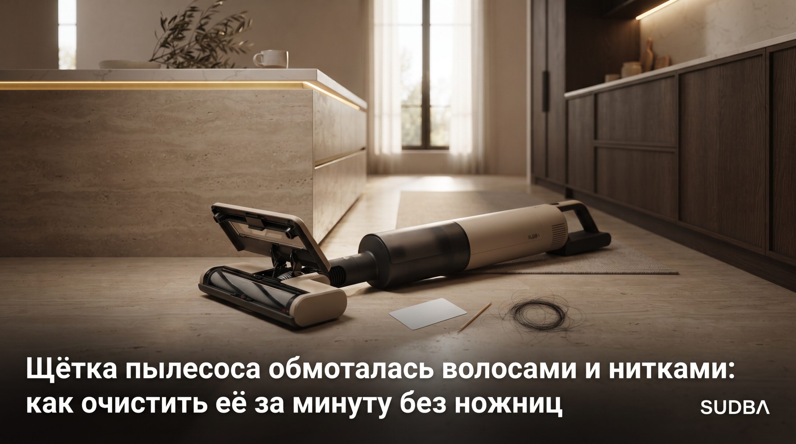 Щётка пылесоса, обмотанная волосами и нитками, которую быстро очищают без ножниц