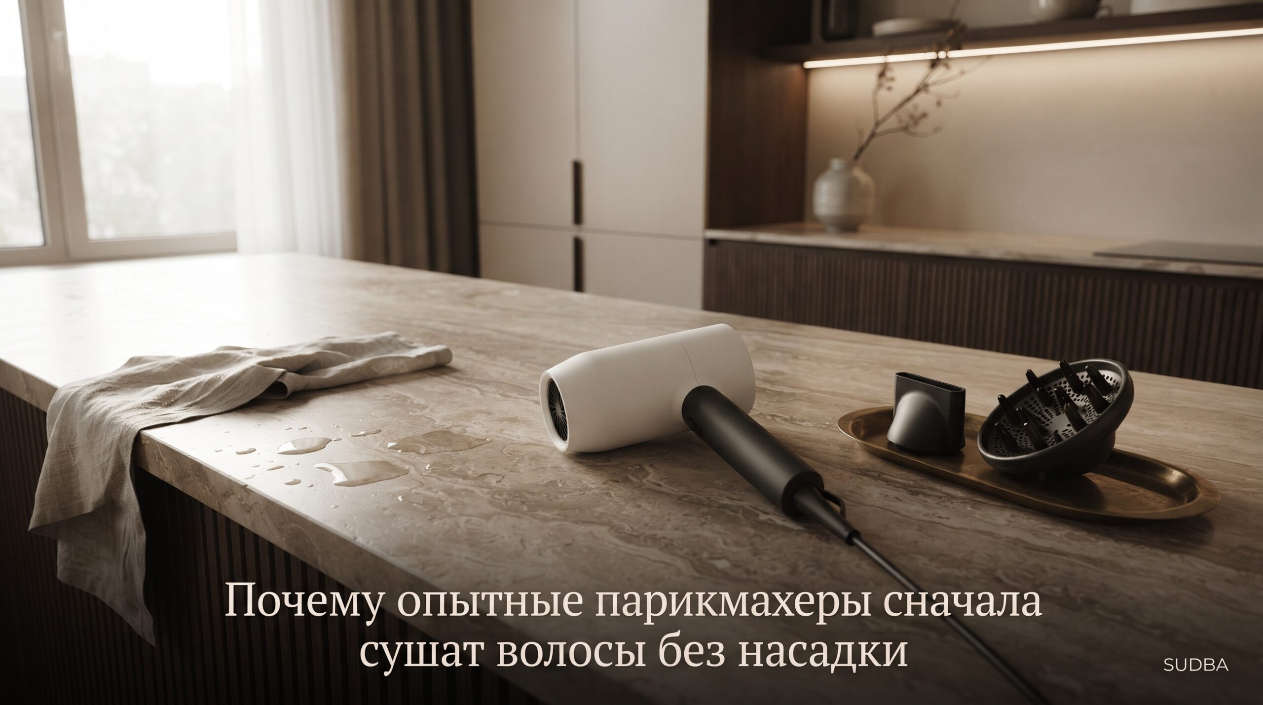 Опытный парикмахер сушит волосы феном без насадки
